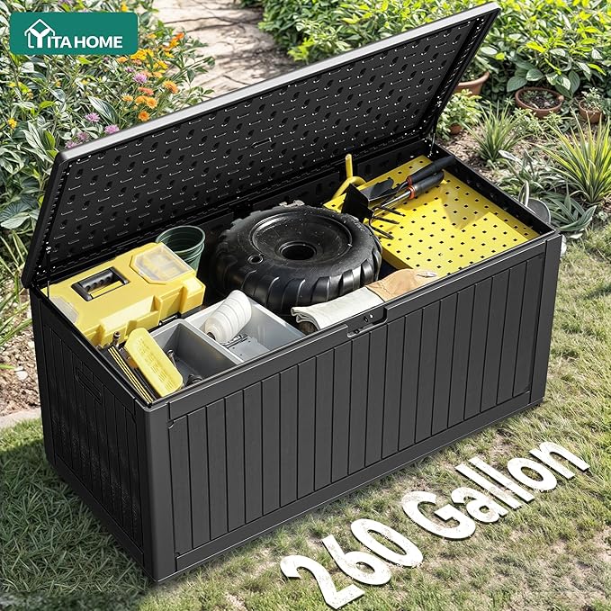 YITAHOME 260 Gallon Double-Wall Deck Box with Divider & Side Handles, Outdoor Large Storage for Patio Furniture Cushions, Garden Pool Accessories, Water Resistant & Lockable