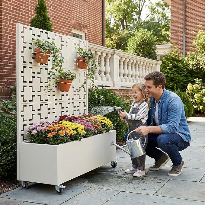 Casaphoria Metal Raised Garden Bed with Trellis and Wheels, 47"x47"x16" Planter Box for Climbing Plants, Vegetables & Vines, Features Drainage Holes and Privacy Screen, White-Square