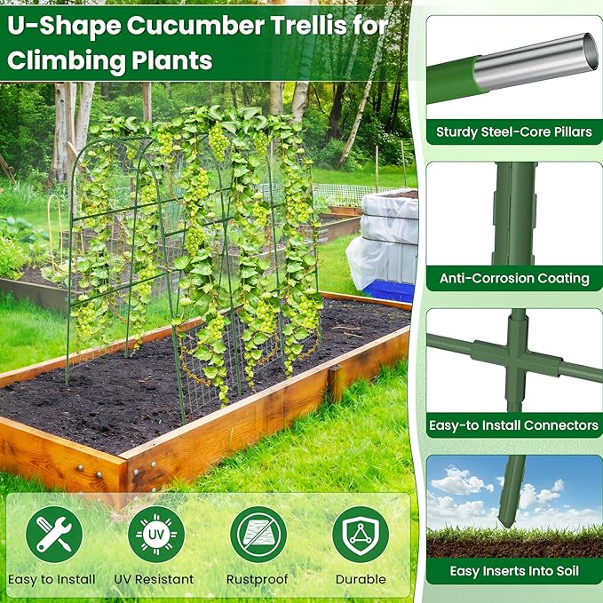 Cucumber Trellis for Raised Bed 48" L x 48" H U-Shape Garden Trellis for Climbing Plants Outdoor, Metal Arch Trellis for Vegetables, Plant Support for Tomato Pea Zucchini Grape Flowers