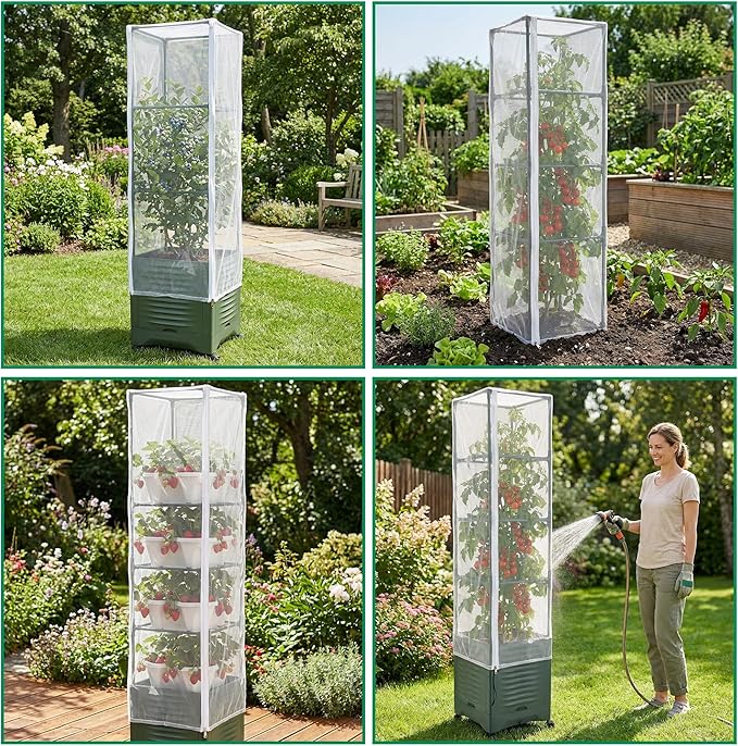 2 Pcs Garden Bird Netting Plant Cover for Square Tomato Cage, 59" x 17.7" Insect Bird Barrier Tomato Cage Net with Zipper & Drawstring, Tomato Trellis Netting Protection Cover for Protecting Plants