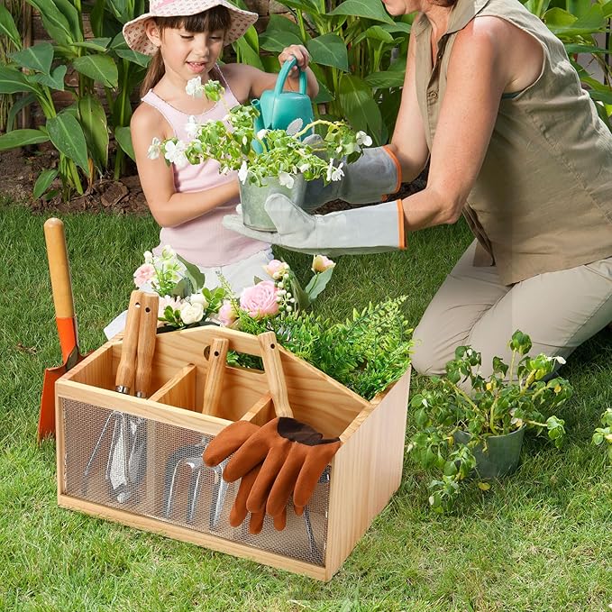 Teenyyou Garden Tool Organizer Wooden Garden Caddy with 4 Compartments and Handle Portable Gardening Tool Basket Nesting Box Practical Gardener Gift for Gardening Lovers