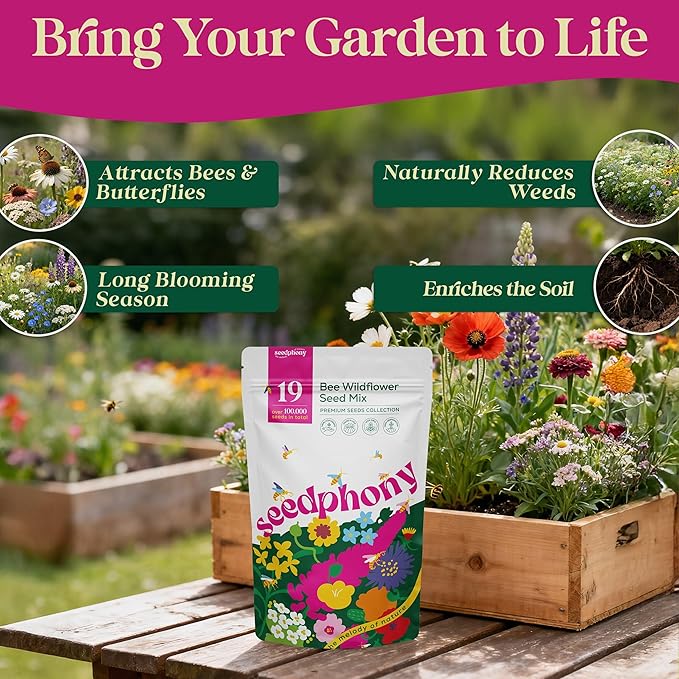 Seedphony 19 Bee Wildflower Seeds Mix 4oz - 100,000 Non-GMO Heirloom Seeds for Planting, Perennial Flowers in Waterproof Seed Packet, Flower Seed Mix for Pollinators, Planting Garden Indoor & Outdoor