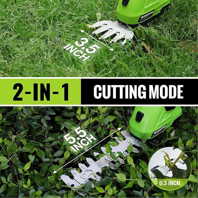 WORKPRO Cordless Grass Shear & Shrubbery Trimmer - 2 in 1 Handheld Hedge Trimmer 7.2V Electric Grass Cutter 2.0Ah Rechargeable Lithium-Ion Battery and USB Cable Included