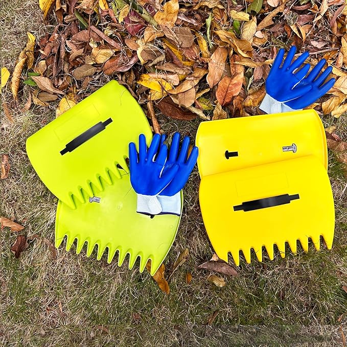 Leaf Scoops Hand Rakes, Leaf Scoops and Claws with Gloves, Lightweight Plastic Leaf Scoop, Large Leaf Grabbers for Picking Up Leaves, Clippings, Grass(1 Set, Yellow)