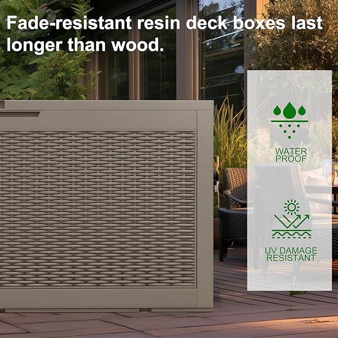 120 Gallon Resin Deck Box, Lockable Patio Outdoor Storage Box for Furniture, Garden Tools and Tools Storage, Waterproof Outside Storage Box (Grey)