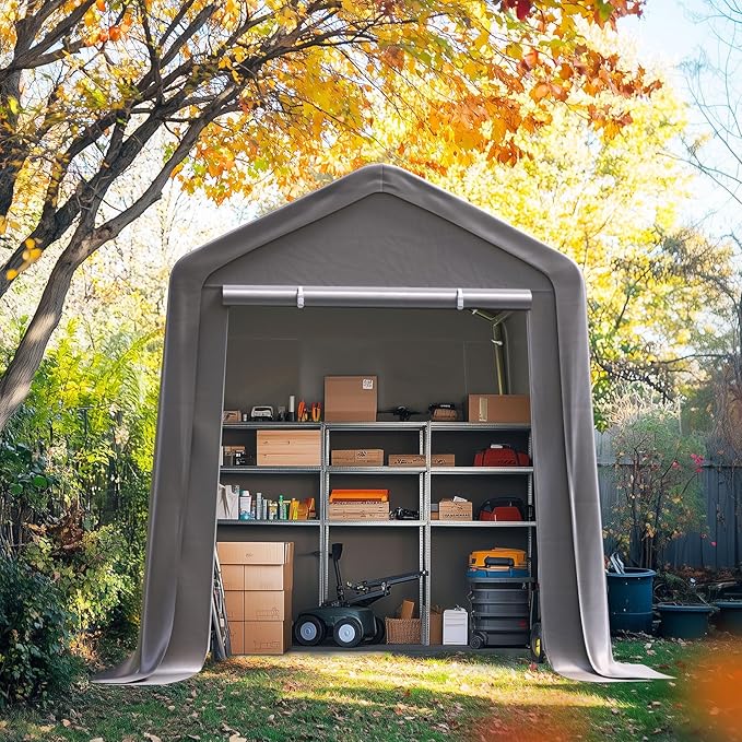 Quictent 6x8FT Garden Tool Shed Storage Shelter with Roll-Up Mesh Windows, Heavy Duty Portable Garage for Lawn Mower, Garden Tools Waterproof Storage Tent with Reinforced Frame, Sliver Gray