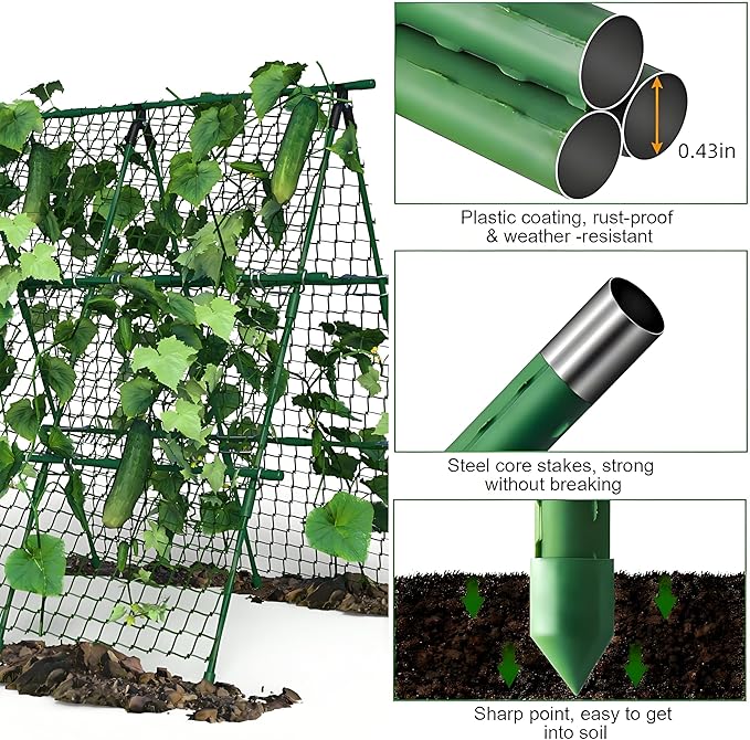 4ft x 4ft Green Metal a-Frame Cucumber Trellis for Climbing Plants – Foldable Garden Support for Cucumbers, Tomatoes, Peas, Beans & Vines with Netting – Fits Raised Beds