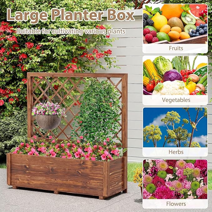 Giantex Raised Garden Bed Set 2 w/Trellis, Drainage Hole, 39”x14”x40” Wood Elevated Planter Box for Climbing Vine Flower Herb Vegetable Fruit, Planting Container for Indoor Outdoor Patio Balcony