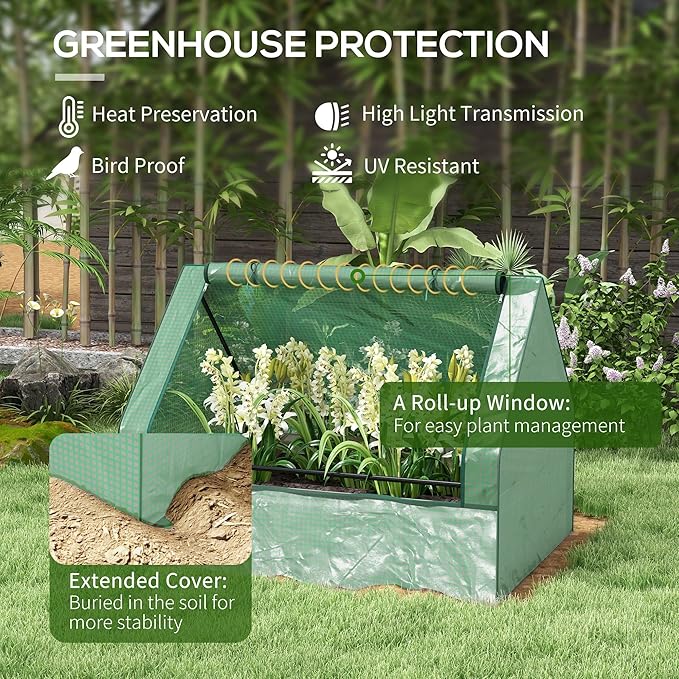 Outsunny 4 x 3 x 1ft Raised Garden Bed with Mini Greenhouse, Galvanized Outdoor Planter Box with Cover, for Herbs and Vegetables, Use for Patio, Garden, Balcony, Green Cover and Silver Planter