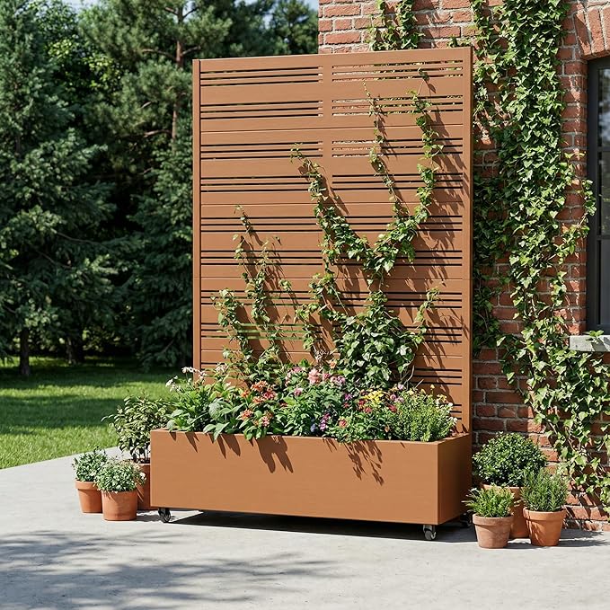 Casaphoria Metal Raised Garden Bed with Trellis and Wheels, 72"x47"x16" Arched Planter Box for Climbing Plants, Vegetables & Vines, Features Drainage Holes and Privacy Screen, Brown-Harold