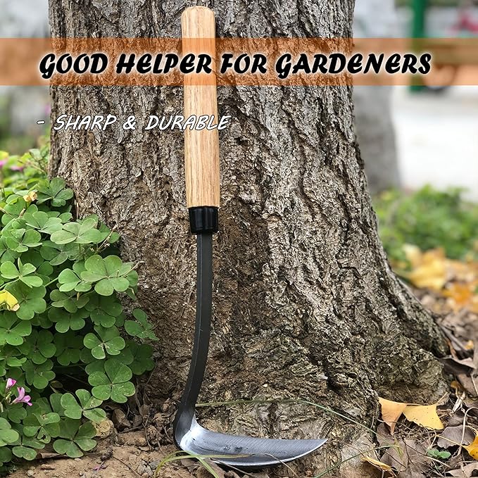 Grass Sickle Japanese Weeding Hoe Garden Hand Tool Weeding Tools for Garden High-Strength Steel with Solid Wood Handle (Grey)