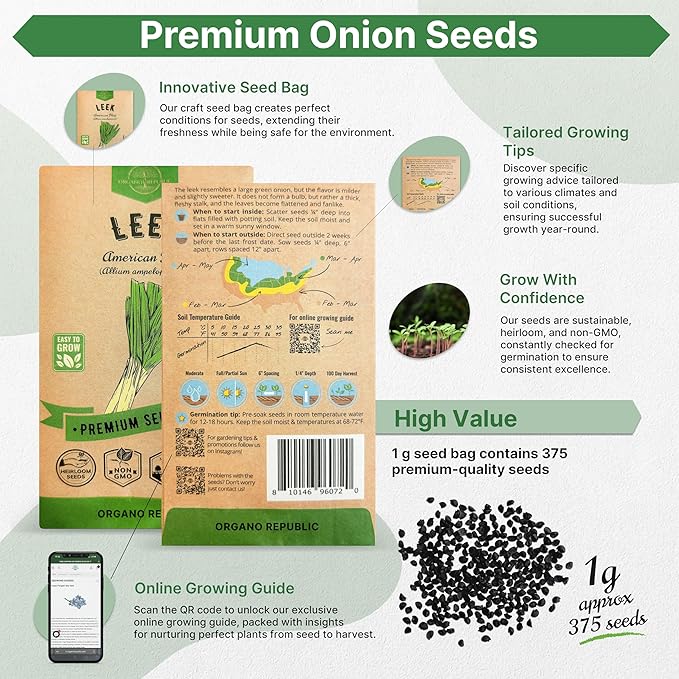 Organo Republic Onion Leek Seeds Pack 1G - Over 375 Non-GMO Heirloom Onion Seeds for Planting Vegetables in Individual Seed Packet, Vegetable Seeds for Planting Home Garden Indoor & Outdoor Gardening