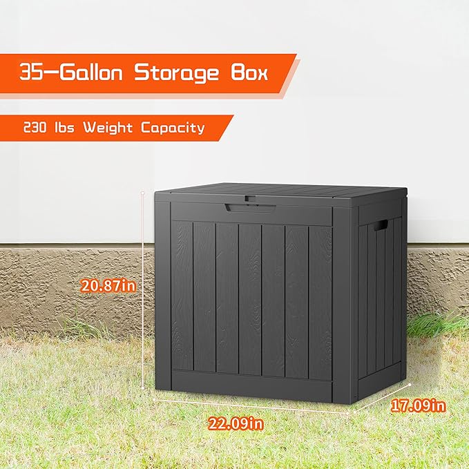 35 Gallon Outdoor Storage Box, Large Resin Deck Box for Patio Cushions, Garden Tools, Pool Accessories, Waterproof and Lockable Design, Storage Bench for Backyard & Deck(Black)
