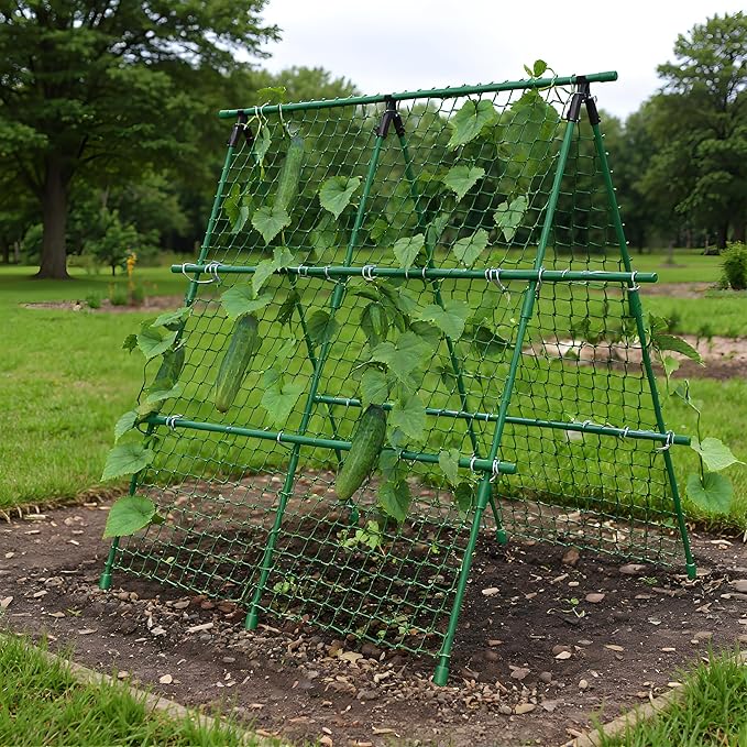 4ft x 4ft Green Metal a-Frame Cucumber Trellis for Climbing Plants – Foldable Garden Support for Cucumbers, Tomatoes, Peas, Beans & Vines with Netting – Fits Raised Beds