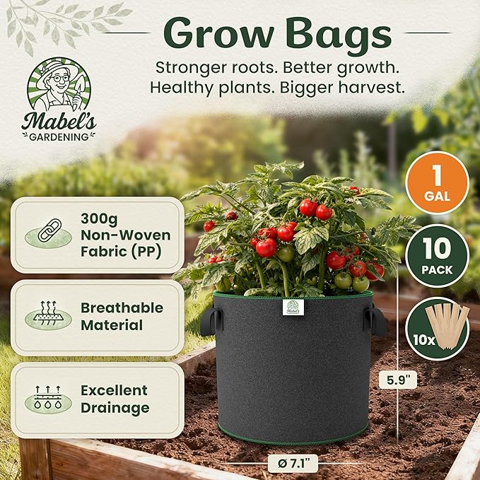 Mabel's Gardening 10-Pack 1 Gallon Grow Bags - Garden Planting Bags 7.1 x 5.9 INCH Made of 8.85 oz/yd² (300g/m²) Felt & Fleece Fabric Plant Pot, Plant Bag, Grow Bag for Basil Oregano Tomato