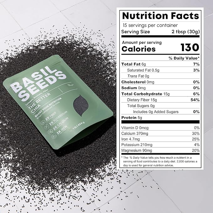 Basilia Basil Seeds for Eating | The Original Loaded Water | 2x More Fiber than Chia | Nutrition-Packed Edible Basil Seeds Superfood for Breakfast, Smoothies & Drinks | Keto Friendly & Gluten Free | 1lb Bag