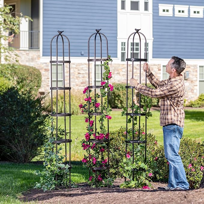 Evergreen Metal Garden Obelisk Trellis for Climbing Plants Outdoor Black | 7 Feet Adjustable | Indoor Plant Trellis for Potted Plants & Heavy Vines | Floral Pattern Arch Trellis