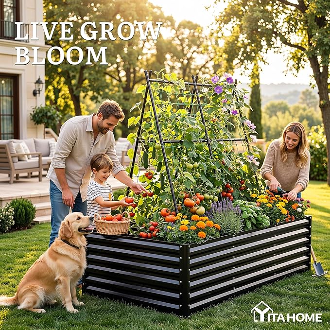 YITAHOME 8x4x2ft Galvanized Raised Garden Bed with Cucumber Trellis, Metal Planter Box with A-Frame Metal Trellis, Vertical Netting, Gloves, Outdoor Flower Bed for Vegetable Bean Grape Flowers, Black