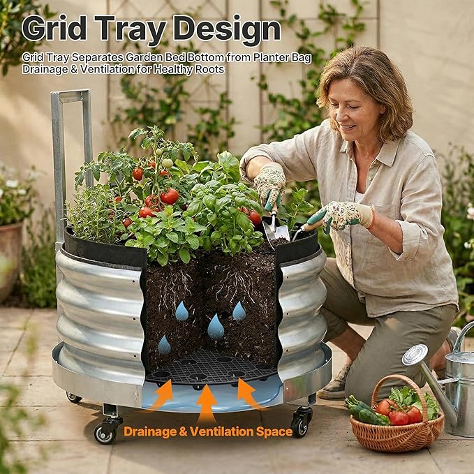 Galvanized Metal Raised Garden Bed Outdoor with Wheels, Planters Box for Outdoor Plants with Geotextile Grow Bag & Plastic Tray Pad, for Vegetables/Herbs/Flowers, 24" X 24"