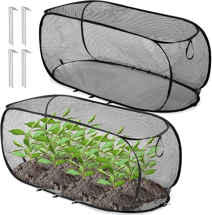 2 Pcs 39" x 18" x 16" Pop up Garden Rows Plants Cover Vegetable Mesh Plant Protector Net Cage Guard with Ground Nails for Protecting Vegetable Fruit Seedling from Animal (Black)