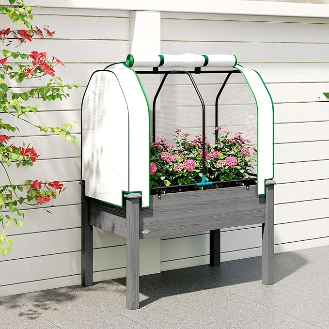 Outsunny Raised Garden Bed with PE Greenhouse Cover Outdoor Elevated Wood Planter Box for Herbs and Vegetables, Use for Patio, Backyard, Balcony, 35 x 22 x 47 inch, Dark Gray