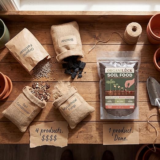 OrganiLock Soil Food — Organic All-in-One Soil Amendment + Fertilizer | Mycorrhizae, Biochar & Beneficial Bacteria | OMRI Listed, Patented, Won’t Burn | Vegetables, Flowers, Lawns