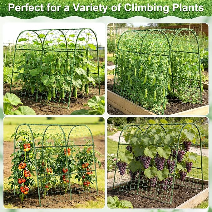 Cludoo Cucumber Trellis for Raised Bed Garden, U-Shape Arch Trellis for Climbing Plants Outdoor, Metal Vegetables Trellis with Netting, Garden Trellis for Cucumber Plants Sweet Pea Bean Grape