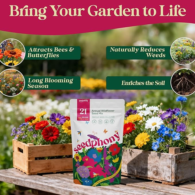 Seedphony 21 Annual Wildflower Mix 4 oz - 100,000 Non-GMO Heirloom Wildflower Seeds for Planting Garden, Wild Flowers in Waterproof Seed Packet, Wild Flowers to Attract Bees, Butterflies & Birds