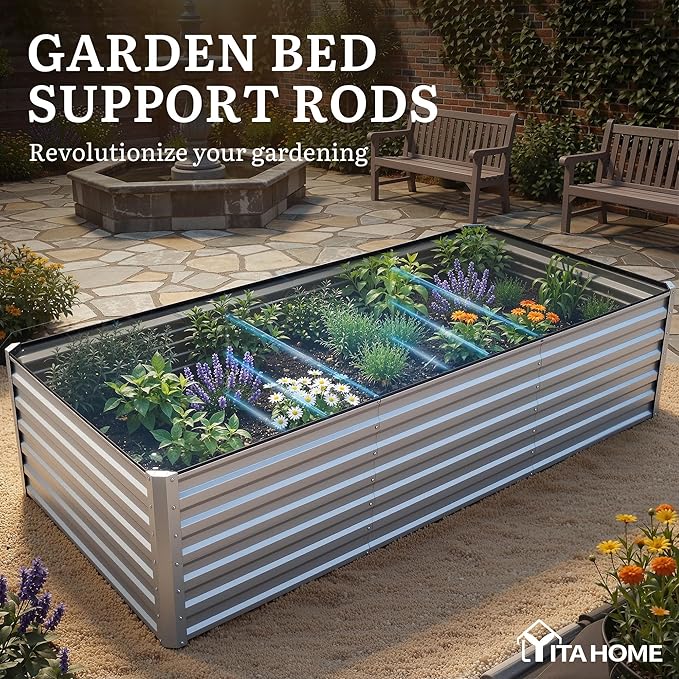 YITAHOME 8x4x2 ft Galvanized Raised Garden Bed Kit, Large Metal Planter Box with Gloves, Safety Rubber & Support Rod, Outdoor Flower Bed for Plants Vegetables, Silver
