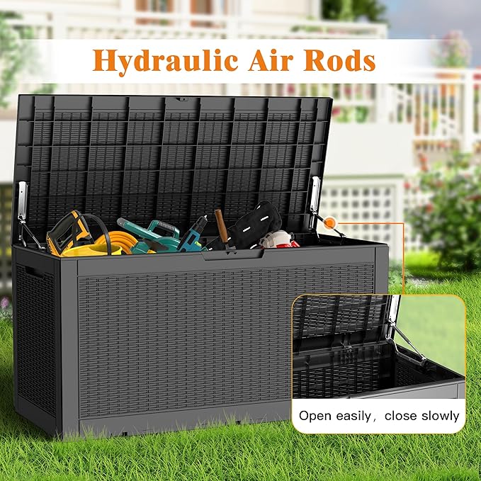 110 Gallon Outdoor Storage Box, Waterproof Large Deck Box for Backyard Garden Tools with Hydraulic Hinges, UV-Resistant Lockable Patio Storage Box for Cushions, Package Delivery Box