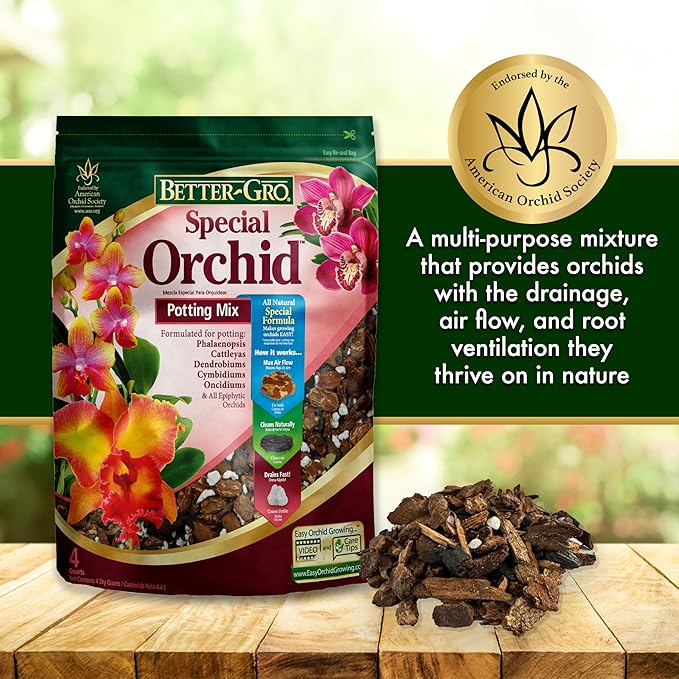 Better-Gro Special Orchid Mix - Premium Grade Orchid Bark Potting Mix, Repotting, Enhanced Drainage, Air Flow & Root Ventilation, Ideal for Phalaenopsis, Cattleyas, Dendrobiums 4 Quarts (Pack of 2)