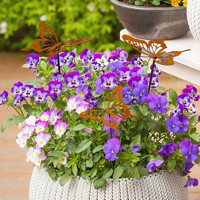 3 Pcs Rusty Metal Butterfly Garden Stakes - Rustic Outdoor Decor for Plant Pot, Lawns, Patio & Outdoor | Vintage Decorative Butterfly Garden Stakes for Patio Yard Porch Backyard Outdoor Décor
