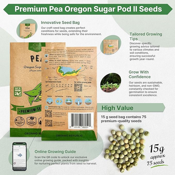 Organo Republic Pea Oregon Sugar Pod II Seeds Pack 15G - Over 75 Non-GMO Heirloom Pea Seeds for Planting Vegetables in Individual Seed Packet, Vegetable Seeds for Planting Home Garden Indoor & Outdoor