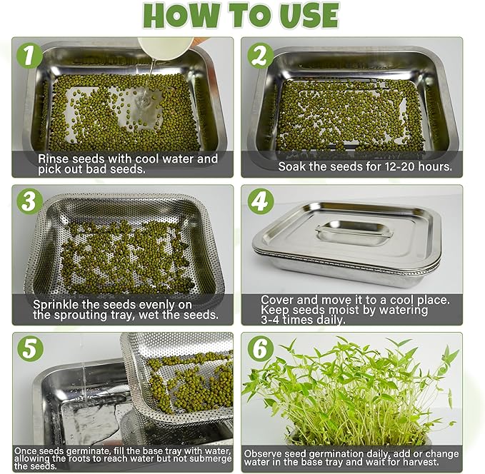 2 Pack Stainless Steel Seed Sprouter Trays, 2-Tier Soil-Free Microgreens Growing Kit, Sprouting Tray with Cover Lids & Mesh Pads for Sprouts Beans Alfalfa Wheatgrass