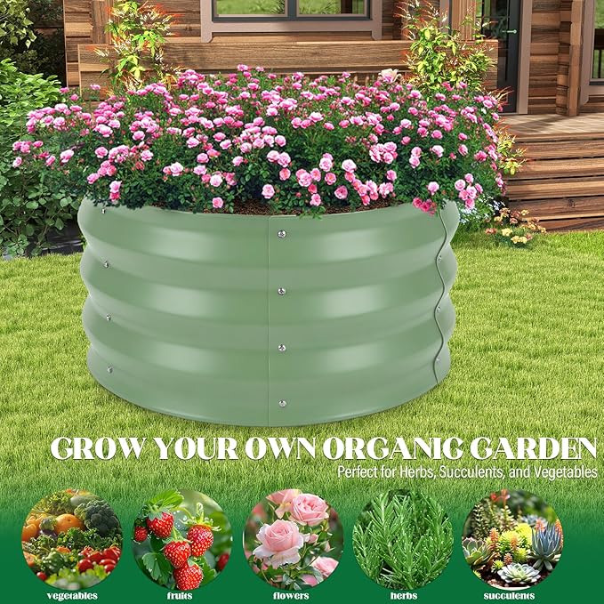 Round Metal Raised Garden Bed 2 Pack with Fabric Liners, 2 ft × 2 ft × 1 ft, Outdoor Planters for Backyard, Patio & Garden (sage Green)