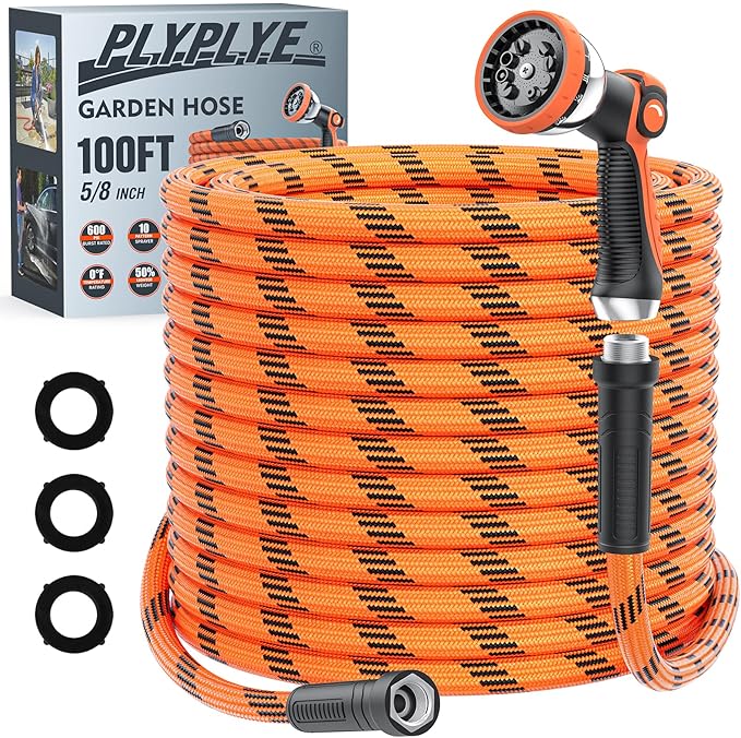 Flexible Garden Hose 100 ft, Non-Expanding Lightweight Water Hose, with 10 Pattern Sprayer, All Weather, Durable, Kink and Abrasion-Resistant, Leak-Free, Orange