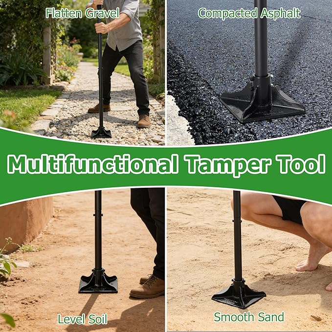 Tamper Tool with Detachable Long Handle, 59 Inch Manual Heavy Duty Soil Compactor for Pavers, Stones, Lawn Edging, Fence Post Installation, Black