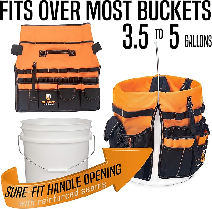 Rugged Tools Bucket Tool Organizer - 64 Pocket Bucket Caddy for 5 Gallon Buckets - Liner Insert for Construction, Garden, Carpenter