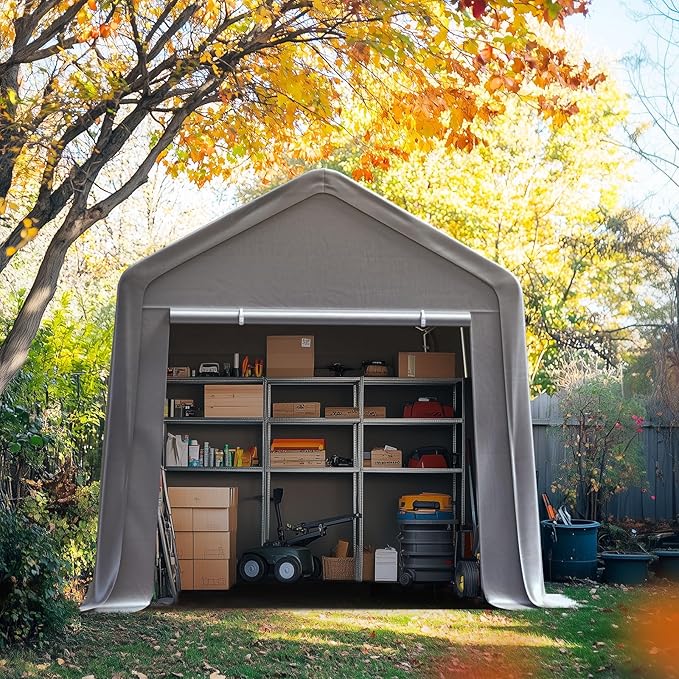 Quictent 8x12FT Long Storage Shed Kayak Shelter with Roll-Up Mesh Windows, Heavy Duty Portable Garage for Canoe, Boat, Tools Waterproof Storage Tent with Reinforced Frame, Sliver Gray