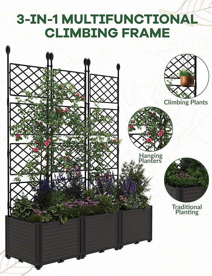 CABIHOME Planter Box with Trellis - Plastic Raised Garden Beds & Metal Trellis w/Drain Plug - Outdoor Raised Planter Box Privacy Screen for Climbing Plants, Flowers, Veggies & Fruits