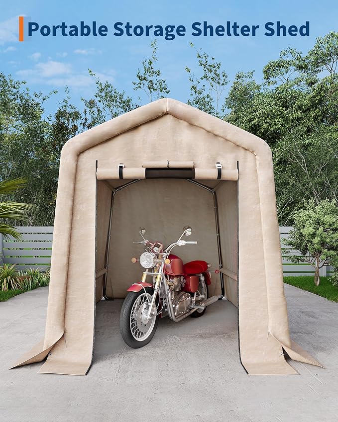 GarveeLife Outdoor Portable Storage Shed with Roll-Up Door & Vent, 240G Heavy-Duty Shelter Waterproof PE Tarp, UV-Resistant Storage Sheds for Motorcycle, Firewood, Garden and Tools (Khaki, 6'x6')
