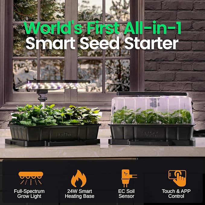 LETPOT Smart Seed Starter Kit with Humidity Dome, Waterproof Seedling Mat & 24W Full-Spectrum LED Grow Light – Smart Heating Base, Soil EC Sensor & App Control for Indoor Germination