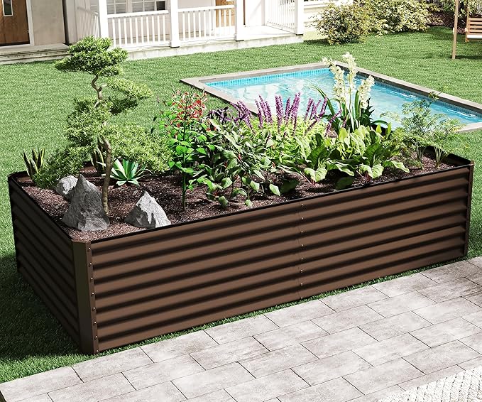 Domi 8×4×2 ft Galvanized Raised Garden Bed, Outdoor Planter Garden Boxes Large Metal Planter Box for Gardening Vegetables Fruits Flowers, Brown