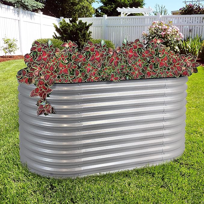 Sunnydaze 62.5-Inch Oval Raised Garden Bed Outdoor - Modular Raised Garden Bed with Rubber Edge Trim - Silver