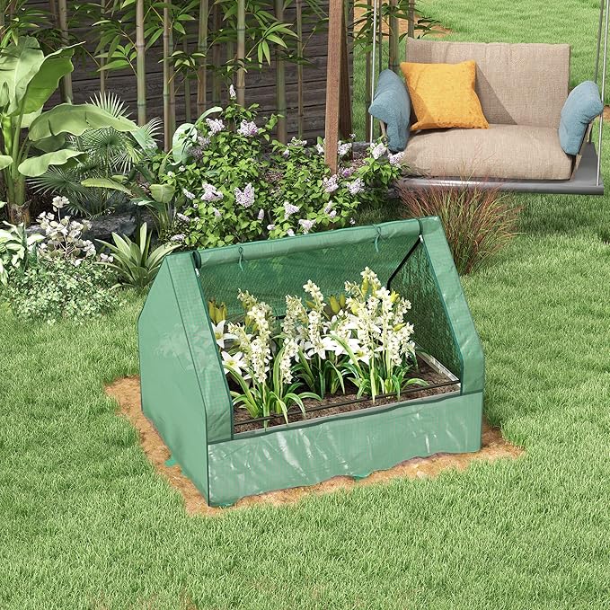 Outsunny 4 x 3 x 1ft Raised Garden Bed with Mini Greenhouse, Galvanized Outdoor Planter Box with Cover, for Herbs and Vegetables, Use for Patio, Garden, Balcony, Green Cover and Silver Planter