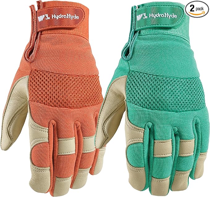 Wells Lamont Women's HydraHyde Leather Hybrid Gloves, Medium, Mint Green/Rust, Water-Resistant, Adjustable Wrist, 2-Pair Pack, for Gardening, Reusable, Adult