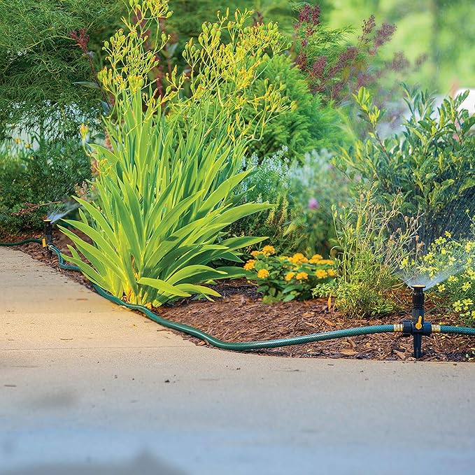 Melnor 65185AMZ Multi-Adjustable Spike Sprinkler, 3-Pack W/Quick Connect Bundle, Flow Through Base, Black, Grey, Yellow