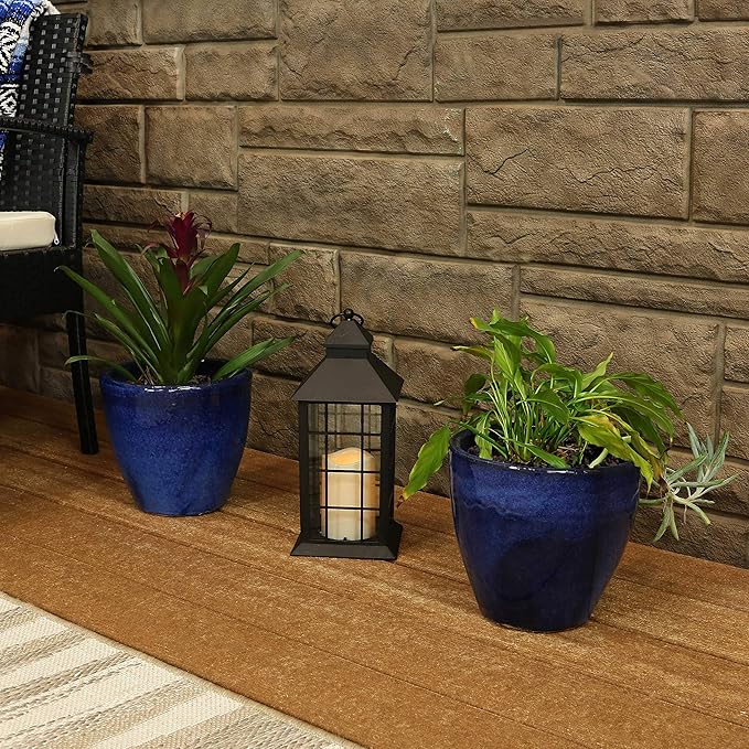 Sunnydaze Resort Round Ceramic Planter - Set of 2 Indoor or Outdoor Plant Pots with Drainage Hole - 8" - Imperial Blue Glaze