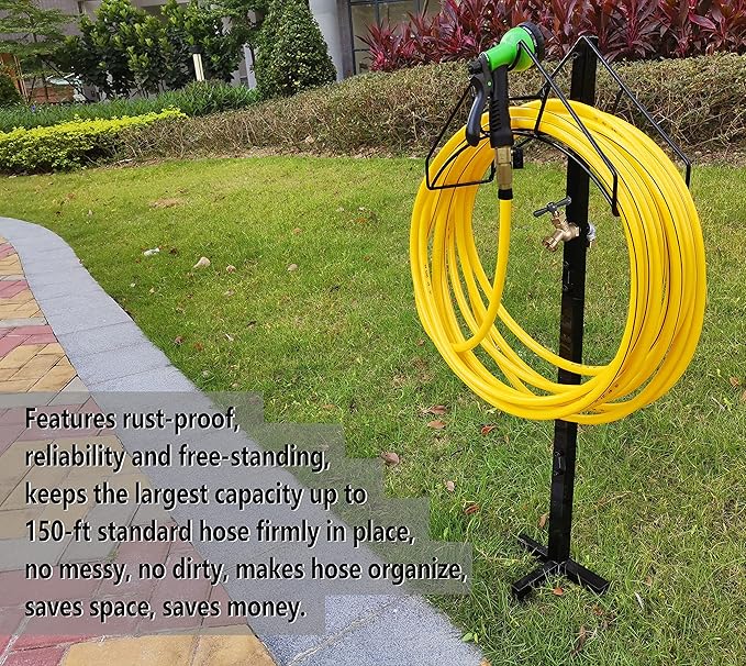 Freestanding Outdoor Garden Hose Holder Stand with Brass Faucet, Heavy Duty Metal Water Hose Reel Storage Stake Rack for Backyard, Black (Hose not Included)
