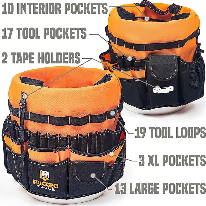 Rugged Tools Bucket Tool Organizer - 64 Pocket Bucket Caddy for 5 Gallon Buckets - Liner Insert for Construction, Garden, Carpenter